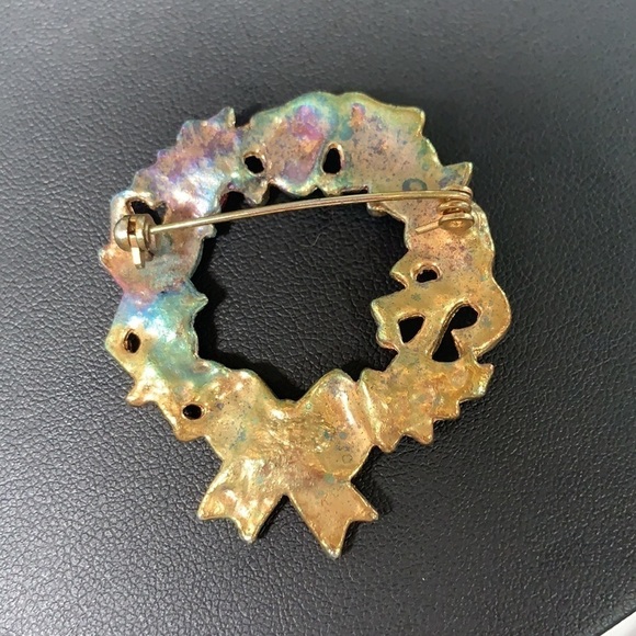 Vintage Holiday Wreath Brooch - Metal/Enamel, Red/White/Green/Gold, 2” - Picture 2 of 3